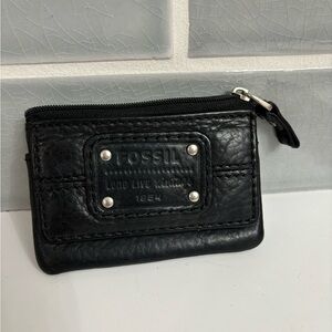 Fossil Long Live Vintage 1954 black leather trifold wallet.